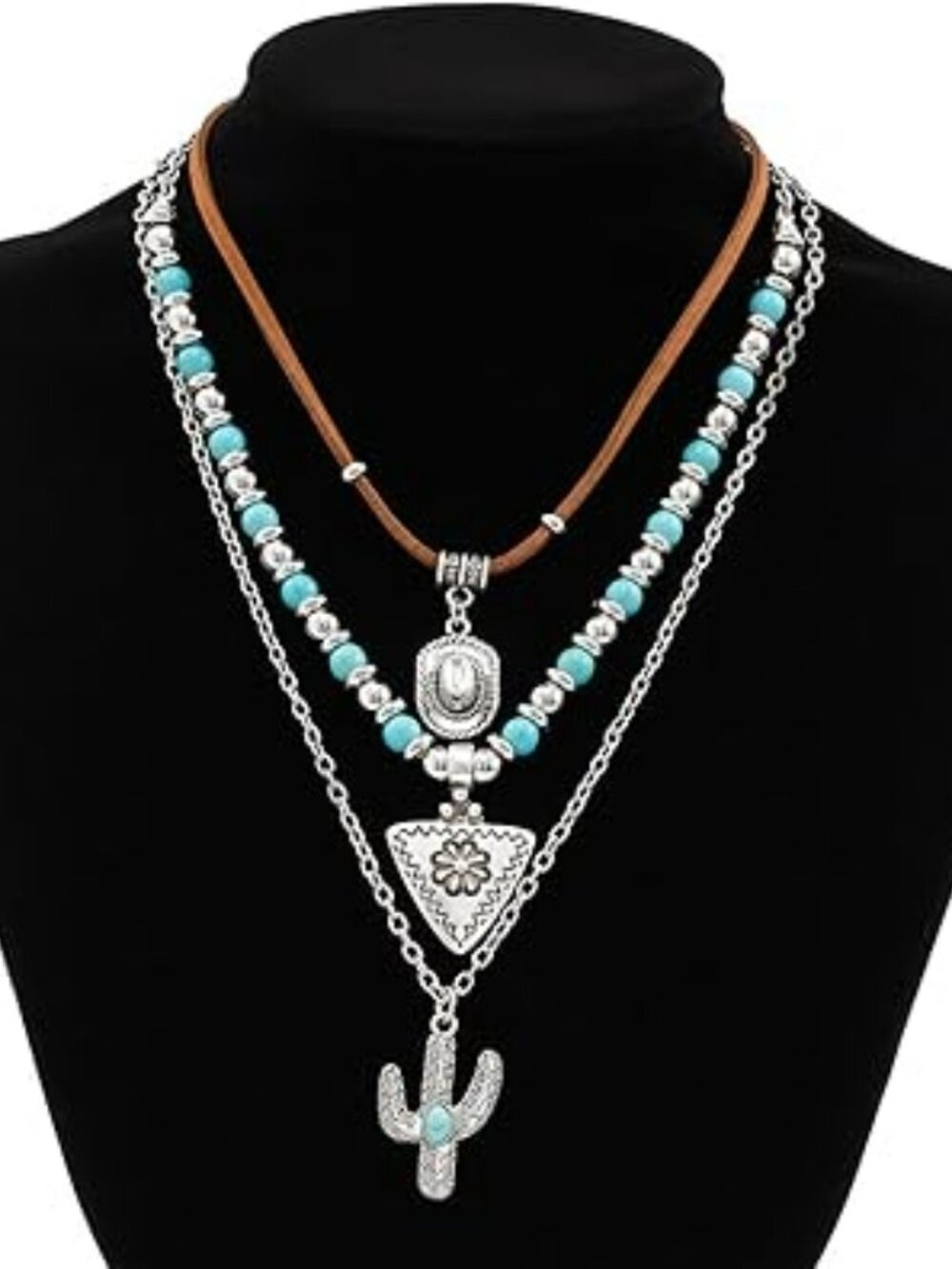 New Western Cowgirl Cowboy Pendant Necklace Layered Hat Cactus Turquoise Trendy